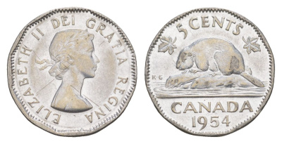 Канада 5 центов 1954 Елизавета II (1952-2022), бобр KM 50 хромированная сталь 4630-661