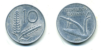 ИТАЛИЯ 10 ЛИР 1955 R, КОЛОСЬЯ, ПЛУГ KM 93 алюминий 23-1155