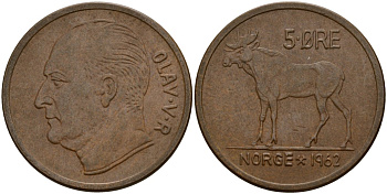 Норвегия 5 эре 1962 Улаф V (1958 - 1991) KM 405 бронза 4156-253