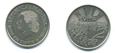 Аргентина 2 песо 2002 Мария Эва Дуарте де Перон KM 135.1 медно-никель UNC 37-1043