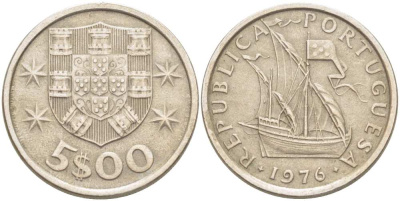 ПОРТУГАЛИЯ 5 ЭСКУДО 1976 ПАРУСНИК KM 591 медно-никель 4513-1046