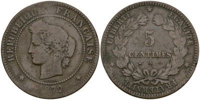 Франция 5 сантимов 1872 A, Третья республика (1871-1940) KM 821.1, Le Franc 118.6 бронза 51-715