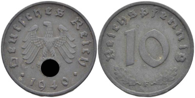ГЕРМАНИЯ 10 РЕЙХСПФЕННИГОВ 1940 F KM 101, J. 371 цинк 4401-855