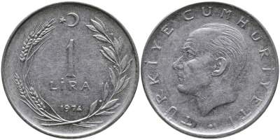 Турция 1 лира 1974 Мустафа Кемаль Ататюрк KM 889а.2 нержавеющая сталь 4178-1014