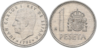 Испания 1 песета 1986 M, Хуан Карлос I (1975-2014) KM 821 алюминий 4402-543