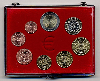 ПОРТУГАЛИЯ ЕВРОНАБОР 2008 ВКЛЮЧАЕТ 2 ЕВРО 2008 ДЕКЛАРАЦИЯ О ПРАВАХ, планшет UNC 6-5-2