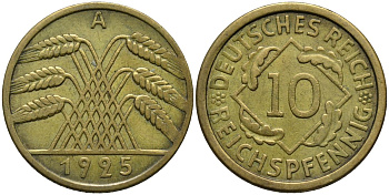 Германия 10 рейхспфеннигов 1925 A KM 40 алюминиевая бронза 4171-333
