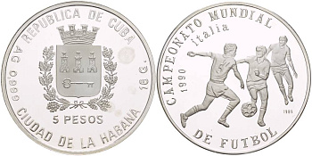 Куба 5 песо 1989 чемпионат мира по футболу в Италии 1990 года, три игрока KM 225 серебро PROOF 11-085-32