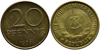 ГДР 20 пфеннигов 1969 А, первый год KM 11 латунь UNC 4397-156