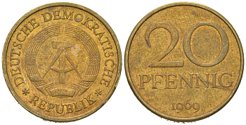 ГДР 20 пфеннигов 1969 первый год KM 11 латунь 4577-1215