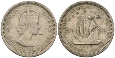 Британские Восточно-Карибские территории 10 центов 1955 Елизавета II (1952-2022), парусник KM 5 медно-никель 4596-517