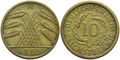 Германия 10 рейхспфеннигов 1925 A KM 40 алюминиевая бронза 4171-333