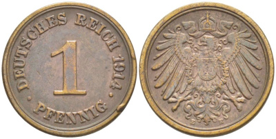 ГЕРМАНИЯ 1 ПФЕННИГ 1914 E KM 10, Jager. 10, Weege 2 медь 4528-721