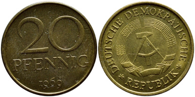 ГДР 20 пфеннигов 1969 А, первый год KM 11 латунь UNC 4397-156
