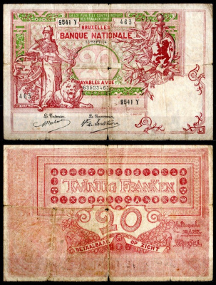 Бельгия 20 франков 1914 Pick 67 (2) бумага 8613-4-2-2