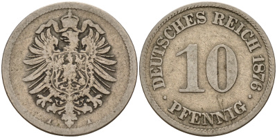 Германия 10 пфеннигов 1876 A J. 4,  KM 4 медно-никель    4603-512