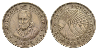 Никарагуа 50 сентаво 1946 редкий год, тираж - 500.000 экземпляров KM 19.1 медно-никель 4127-1445