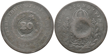 БРАЗИЛИЯ 20 РЕЙСОВ 1835 НАДЧЕКАНКА НА 40 РЕЙСАХ R, ПЕДРО I KM 436.1 медь 74-435