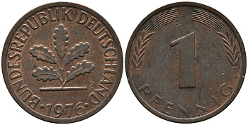 ФРГ 1 пфенниг 1976 J KM 105, J.380 сталь плакированная медью 99-334