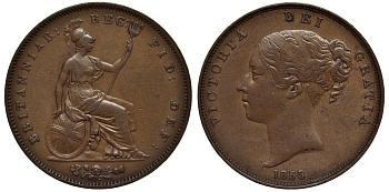 Великобритания 1 пенни 1853 Виктория (1837-1901) KM 739, Spink 3948 медь 1523-1323