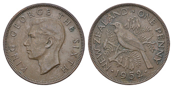 Новая Зеландия 1 пенни 1952 Георг VI (1936-1952), новозеландский туи KM 21 бронза    4512-144