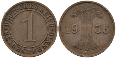 Германия 1 рейхспфенниг 1936 F KM 37, J. 313 бронза 4124-917