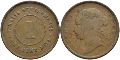 СТРЭЙТС СЕТЛМЕНТС 1 ЦЕНТ 1874 ВИКТОРИЯ KM 9 бронза 4394-341