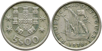 ПОРТУГАЛИЯ 5 ЭСКУДО 1976 ПАРУСНИК KM 591 медно-никель 4388-514
