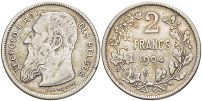 Бельгия 2 франка 1904 Леопольд II (1865-1909), BELGES, РАЗНОВИДНОСТЬ С ТОЧКОЙ В ПОДПИСИ KM 58.1 серебро 00-00