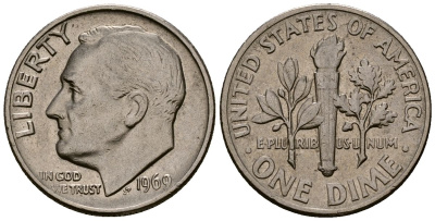 США 10 центов (дайм) 1969 Рузвельт KM 195a медь плакированная медно-никелем 4164-949