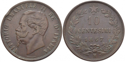 Италия 10 чентезимо 1867 H, Виктор Эммануил II (1861-1878) KM 11.3 медь 114-616