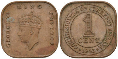 Британская Малайя 1 цент 1943 Георг VI (1937-1952) KM 6 бронза 4153-631
