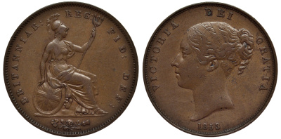 Великобритания 1 пенни 1853 Виктория (1837-1901) KM 739, Spink 3948 медь 1523-1323