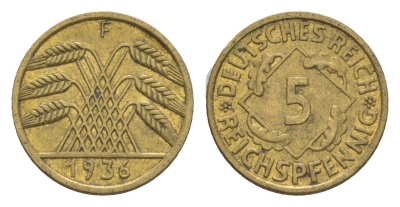 Германия 5 рейхспфеннигов 1936 F KM 39, J. 316 алюминиевая бронза 4549-558