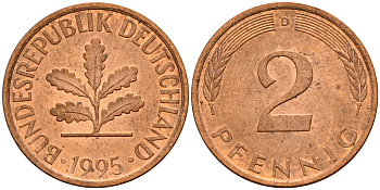 ФРГ 2 пфеннига 1995 D J.381a, KM 106a сталь плакированная медью    4598-936