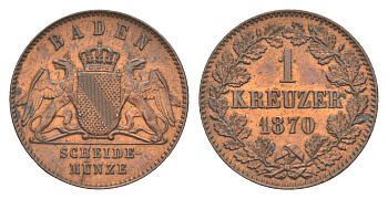 Баден 1 крейцер 1870 Фридрих I (1856-1907) KM 242 медь 1518-313