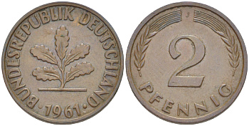 ФРГ 2 ПФЕННИГА 1961 J KM 106, J. 381 бронза 4181-727