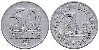 Венгрия 50 филлеров 1973 BP мост Елизаветы в Будапеште KM 574 алюминий 54-1843
