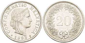 ШВЕЙЦАРИЯ 20 РАППЕНОВ 1993 В KM 29а медно-никель 4544-344