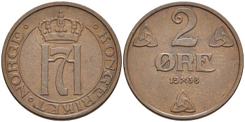 Норвегия 2 эре 1938 Хокон VII (1905-1957) KM 371 бронза 119-916