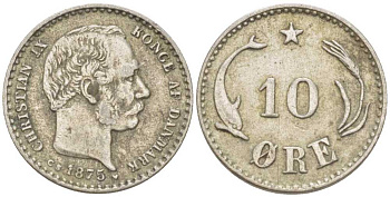 ДАНИЯ 10 ЭРЕ 1875 h, КРИСТИАН IX (1863-1906) KM 795.1 серебро 211-769