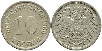 ГЕРМАНИЯ 10 ПФЕННИГОВ 1906 A KM 12, J. 13 медно-никель 4395-1234