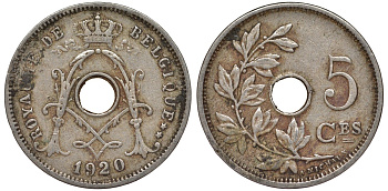 Бельгия 5 сантимов 1920 Belgique KM 66 медно-никель 4164-264