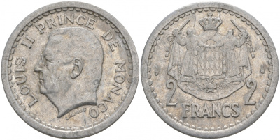 Монако 2 франка 1943 Луи II (1922-1949) KM 121 алюминий 73-1424
