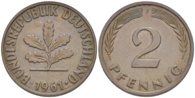 ФРГ 2 ПФЕННИГА 1961 J KM 106, J. 381 бронза 4181-727