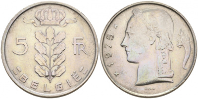 Бельгия 5 франков 1975 Belgie, Бодуэн I (1951-1993) KM 135.1 медно-никель 68-652