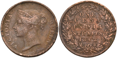 Стрейтс-Сетлментс 1 цент 1862 Виктория (1837-1901), Ост-Индская компания KM 6 медь 4590-235
