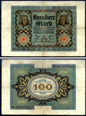 Германия 100 марок 1920 Бамбергский всадник, 8 цифр в номере, серия R, буква O Pick 69 b, Розенберг 69b бумага 8617-41-2-1