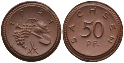Саксония 50 пфеннигов 1921 виноград и лопата J. N 54 фарфор UNC 1094-8-35