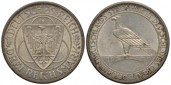 Германия 3 марки 1930 F, освобождение Рейнлянда J. 345, KM 70 серебро UNC 00-814-72